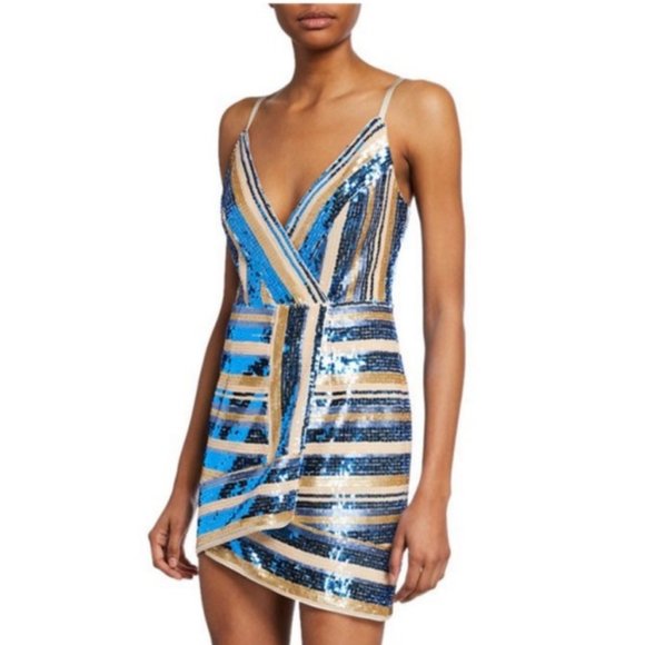 RYSE Dresses & Skirts - RYSE X Revolve Blue & Gold Sequin Wrap Mini Dress